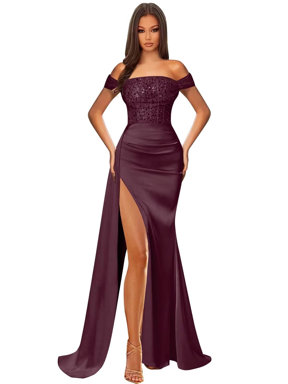 Off Shoulder Sequin Prom Dresses for Women 2027 Long Mermaid Tight Satin Formal Evening Party Dress with Slit