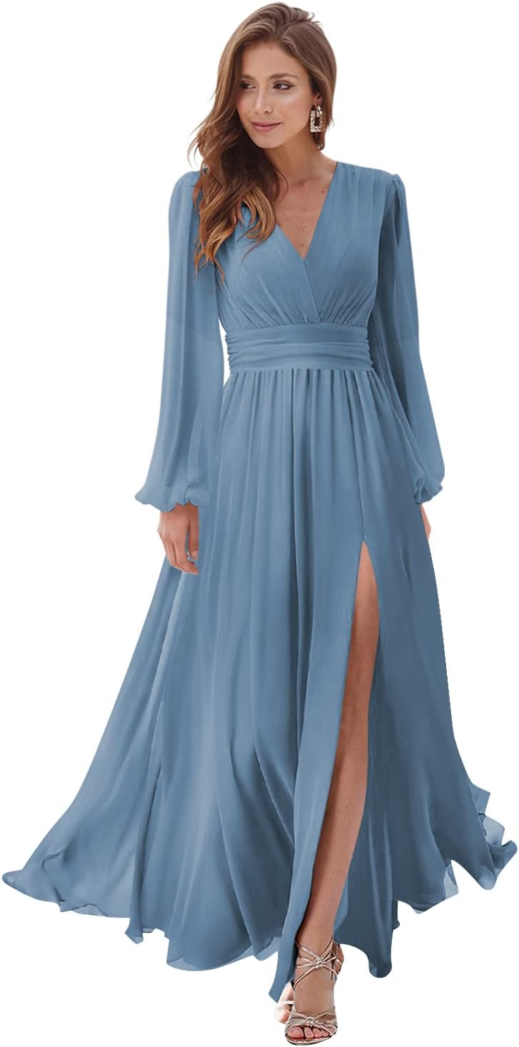 Women's Long Sleeve Bridesmaid Dresses with Slit V Neck A Line Chiffon Formal Evening Gowns with Pockets Mother of the Bride Gowns