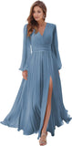 Women's Long Sleeve Bridesmaid Dresses with Slit V Neck A Line Chiffon Formal Evening Gowns with Pockets Mother of the Bride Gowns