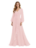 Women's Chiffon Bridesmaid Dresses Long Sleeve Ruffles V-Neck Pleated Formal Wedding Guest Dresses Mother of the bride Dress