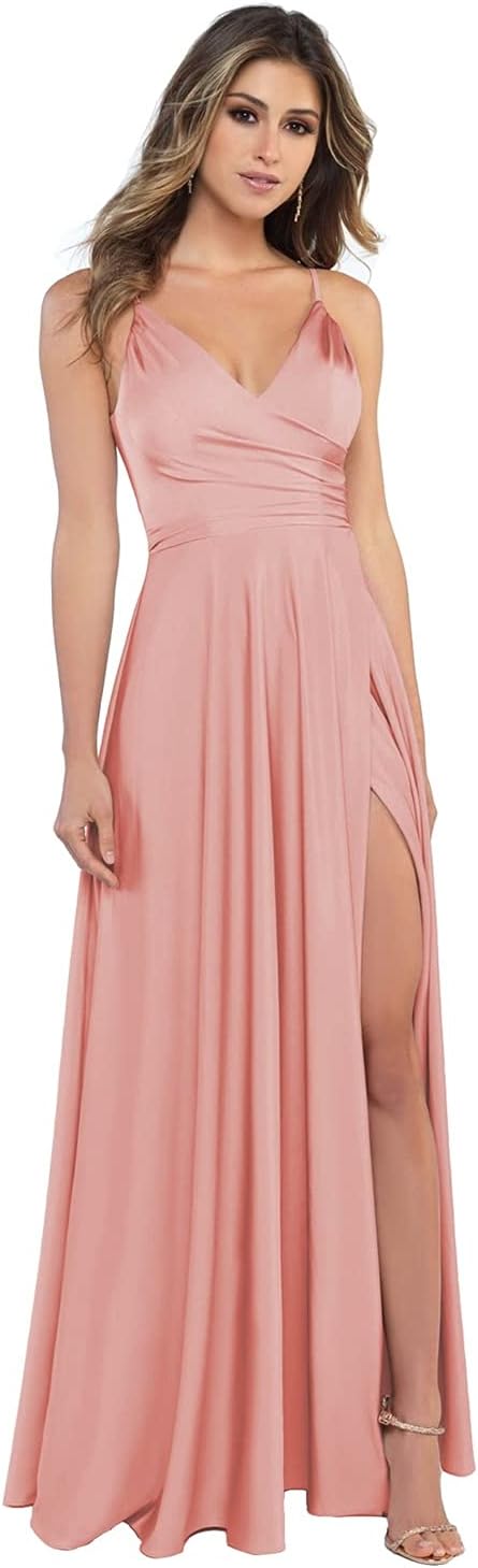 Damen-Brautjungfernkleider aus Satin mit V-Ausschnitt und Schlitz, Spaghettiträgern, formelle Ballkleider mit Taschen 