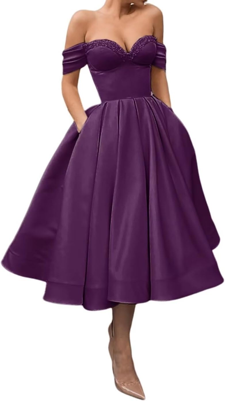 A Line Off Shoulder Prom Dresses for Women Satin Tea Length Cocktail Party Dresses with Pockets