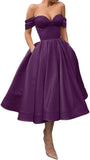 A Line Off Shoulder Prom Dresses for Women Satin Tea Length Cocktail Party Dresses with Pockets