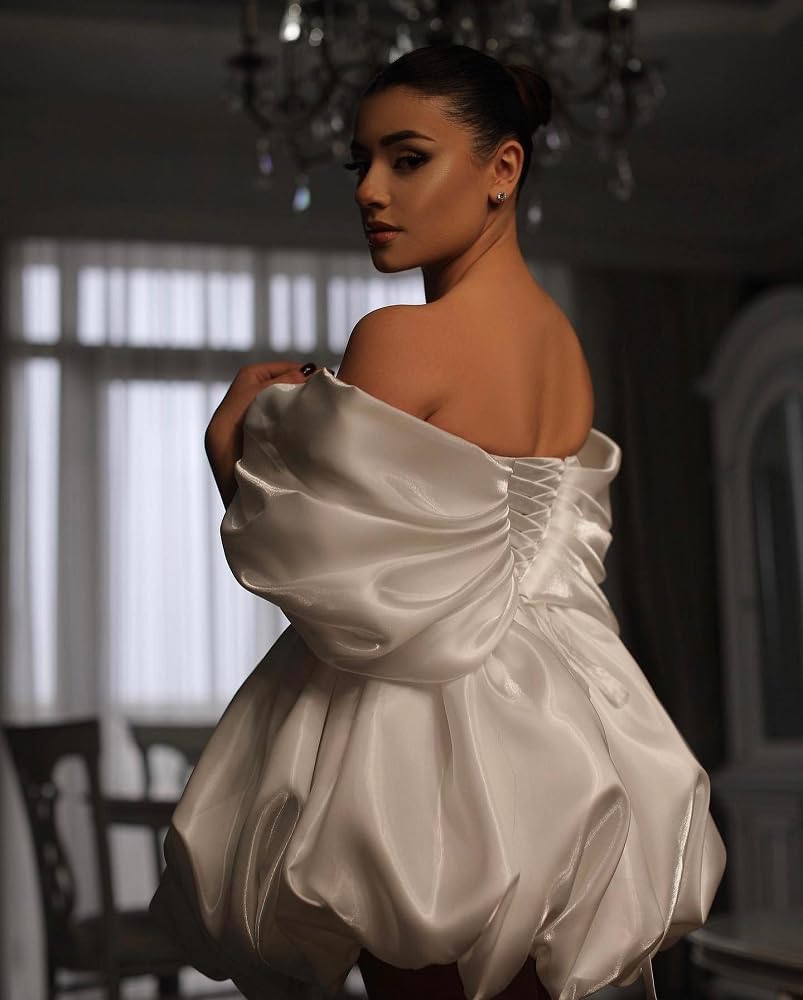Off The Shoulder Short Wedding Dresses for Bride Puffy Satin Bridal Dresses w/Pockets Strapless Formal Ball Gowns