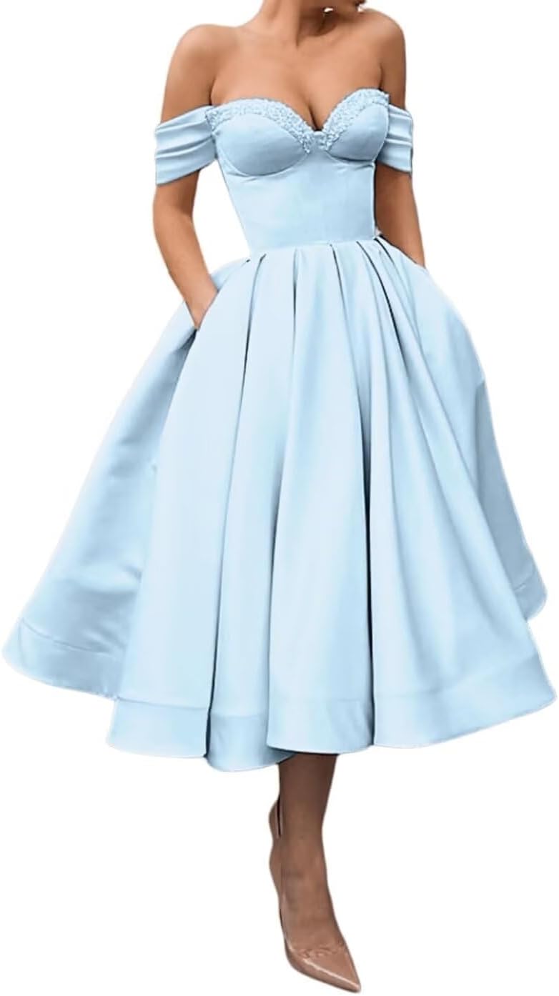 A Line Off Shoulder Prom Dresses for Women Satin Tea Length Cocktail Party Dresses with Pockets