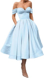 A Line Off Shoulder Prom Dresses for Women Satin Tea Length Cocktail Party Dresses with Pockets