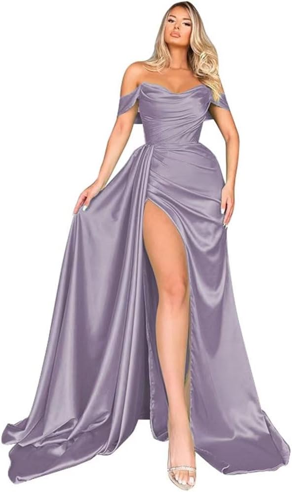 Off Shoulder Satin Bridesmaid Dresses Long Formal Gown for Wedding Ruched Prom Dress with Slit
