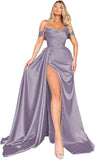 Off Shoulder Satin Bridesmaid Dresses Long Formal Gown for Wedding Ruched Prom Dress with Slit