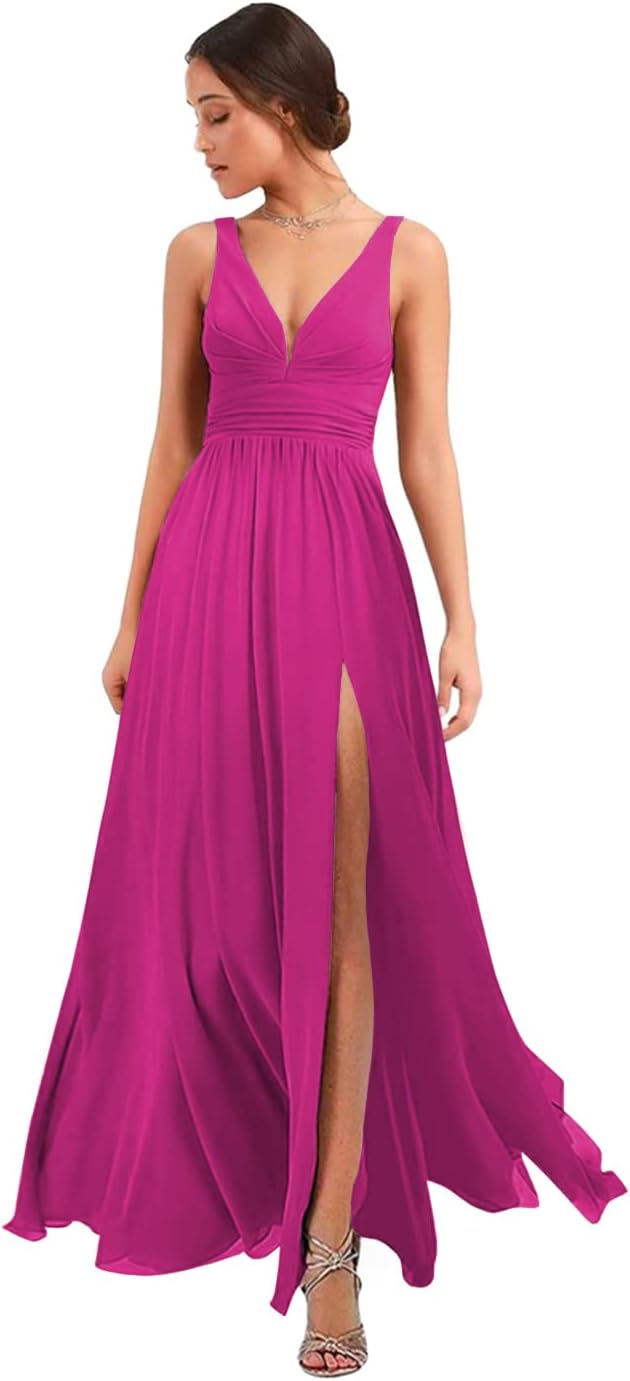 Women's Deep V Neck Bridesmaid Dresses with Slit Chiffon Pleats A Line Formal Party Dresses with Pockets