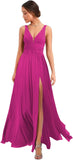 Women's Deep V Neck Bridesmaid Dresses with Slit Chiffon Pleats A Line Formal Party Dresses with Pockets