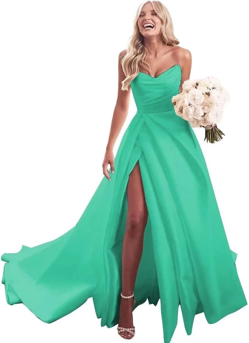 Trägerloses Ballkleid, langes Ballkleid, Satin-Brautkleid für die Braut, A-Linie, formelle Abendkleider mit Schlitz 