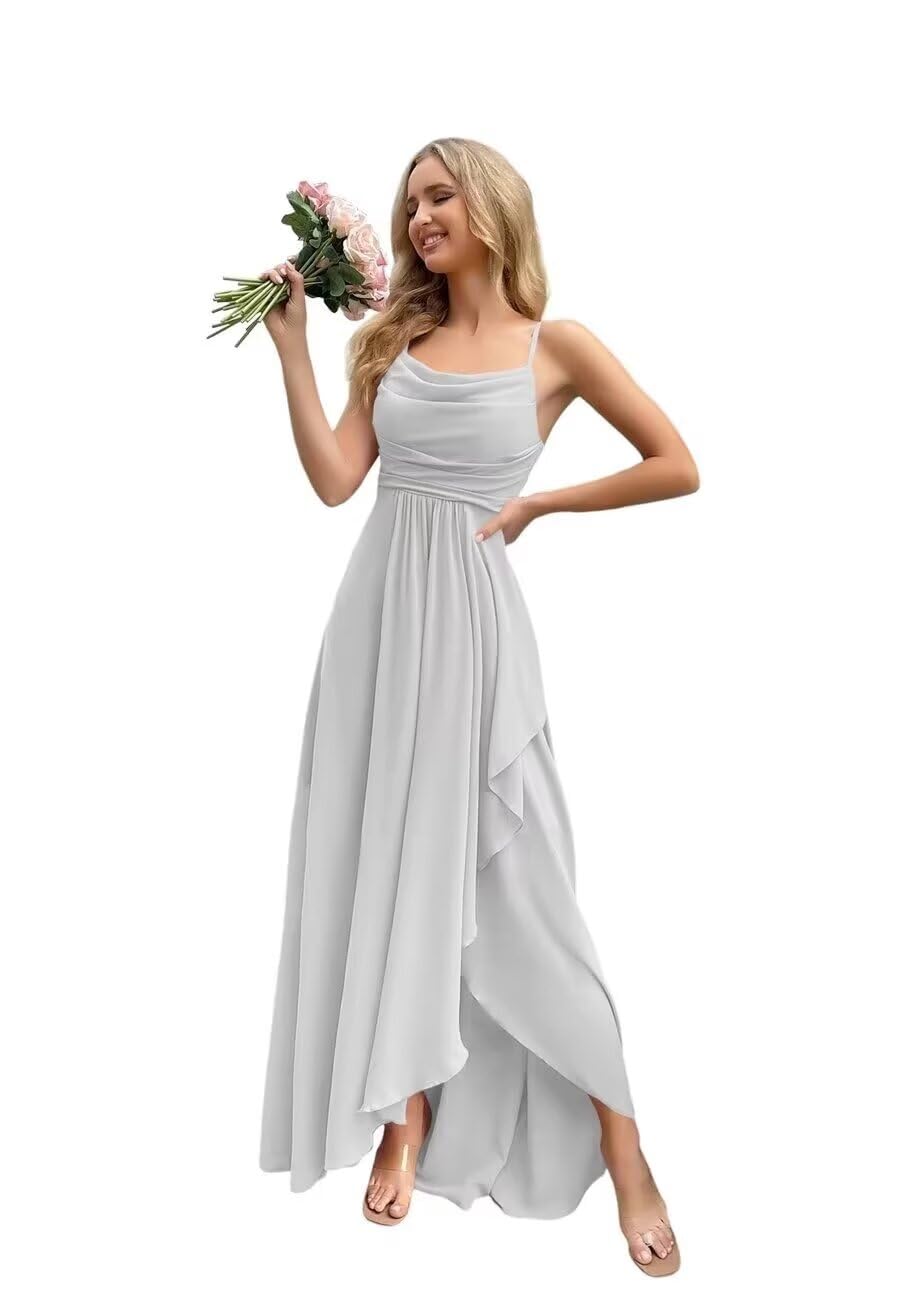 Spaghetti Strap Chiffon Bridesmaid Dresses for Women Long Ruched A-Line Cowl Neck Formal Evening Gowns with Slit