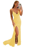 Women's Spaghetti Straps Sequin Prom Dresses Mermaid Sleeveless Double V-Neck Sparkle Evening Dress with Slit