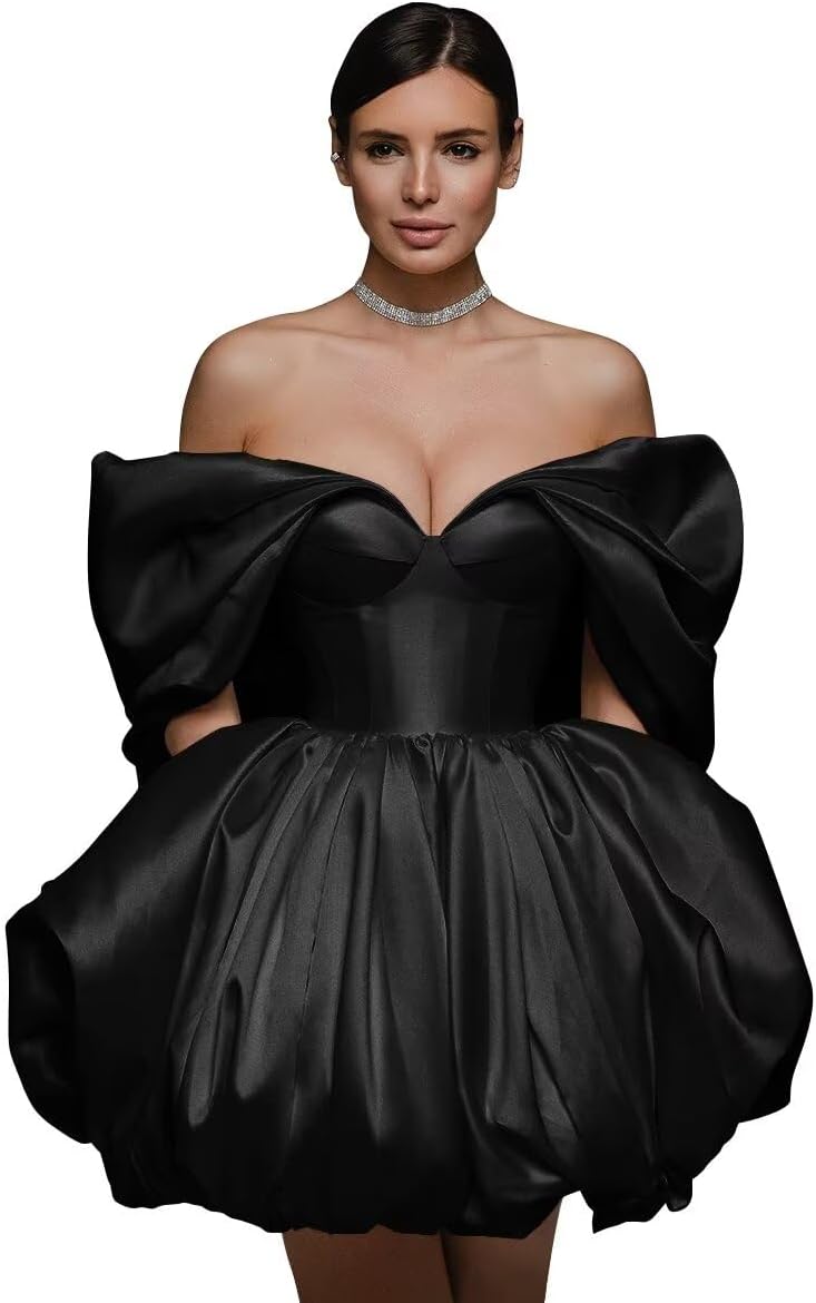 Off The Shoulder Short Wedding Dresses for Bride Puffy Satin Bridal Dresses w/Pockets Strapless Formal Ball Gowns