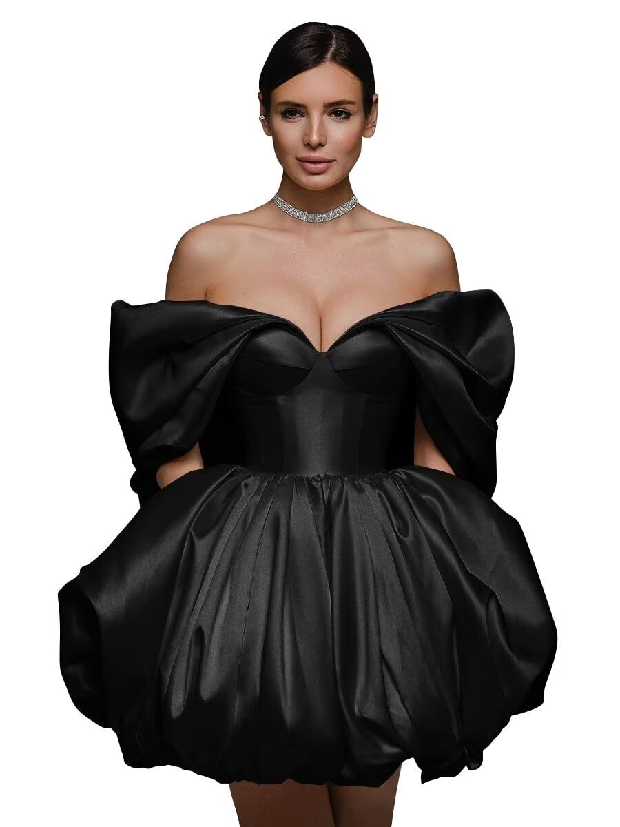 Off The Shoulder Short Wedding Dresses for Bride Puffy Satin Bridal Dresses w/Pockets Strapless Formal Ball Gowns