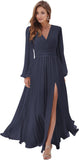Women's Long Sleeve Bridesmaid Dresses with Slit V Neck A Line Chiffon Formal Evening Gowns with Pockets Mother of the Bride Gowns