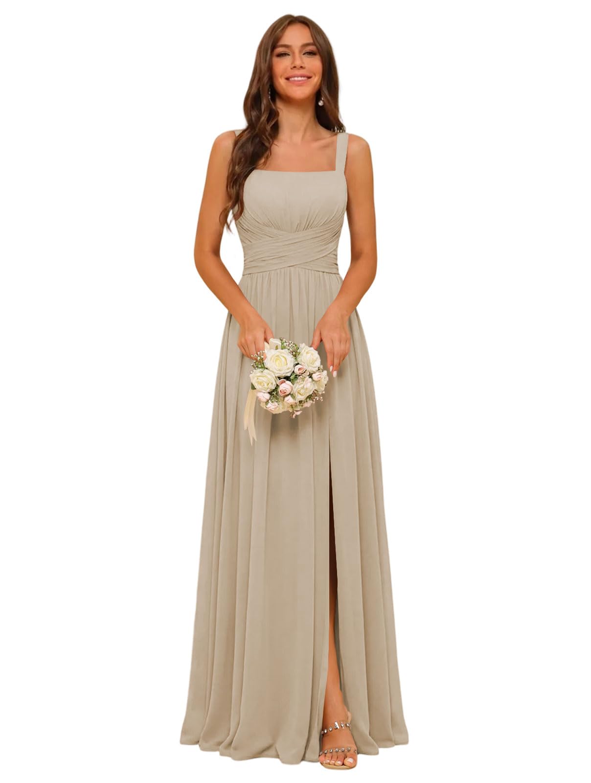 Square Neck Bridesmaid Dress Spaghetti Straps Chiffon Long Formal Dress for Women