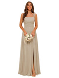 Square Neck Bridesmaid Dress Spaghetti Straps Chiffon Long Formal Dress for Women