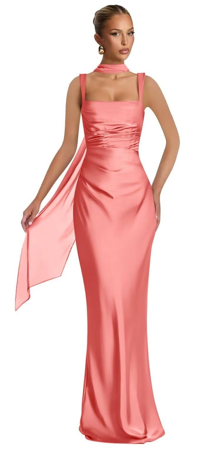 Mermaid Bridesmaid Dresses with Scarf 2027 Long Satin Spaghetti Straps Ruched Formal Evening Party Dress for Women