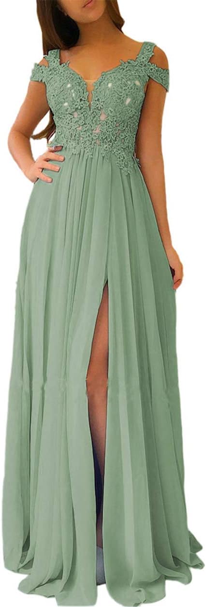 Women's Lace Appliques Prom Dresses Long with Slit Cold Shoulder Formal Party Gown