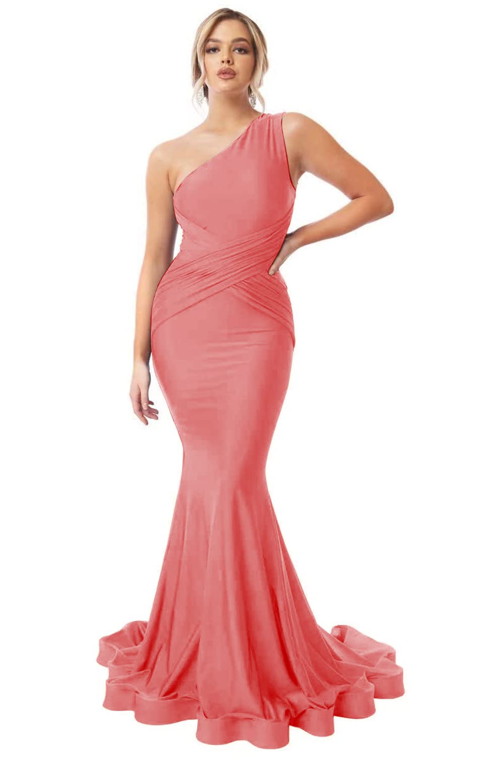 Womens One Shoulder Mermaid Bridesmaid Dresses for Wedding Long Tight Ruched Prom Dresses Evening Formal Gowns
