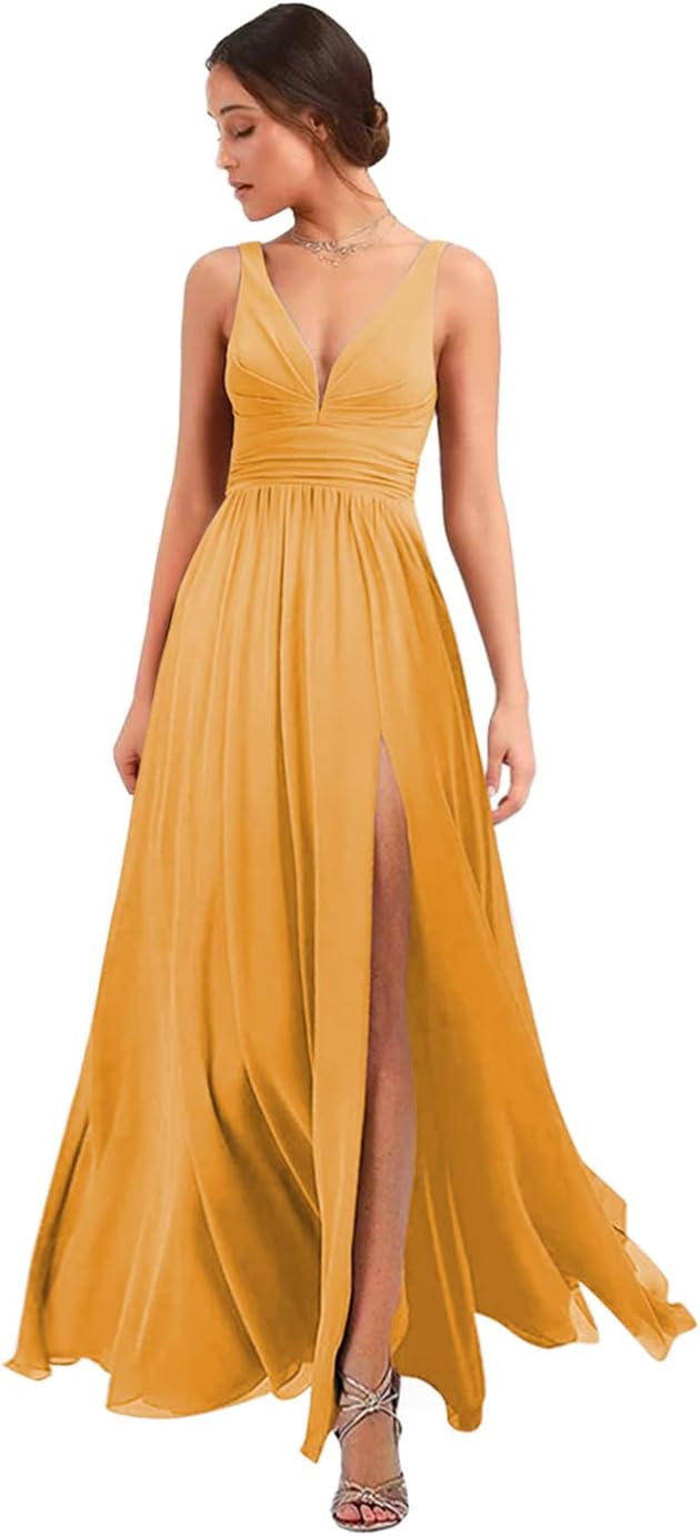 Women's Deep V Neck Bridesmaid Dresses with Slit Chiffon Pleats A Line Formal Party Dresses with Pockets