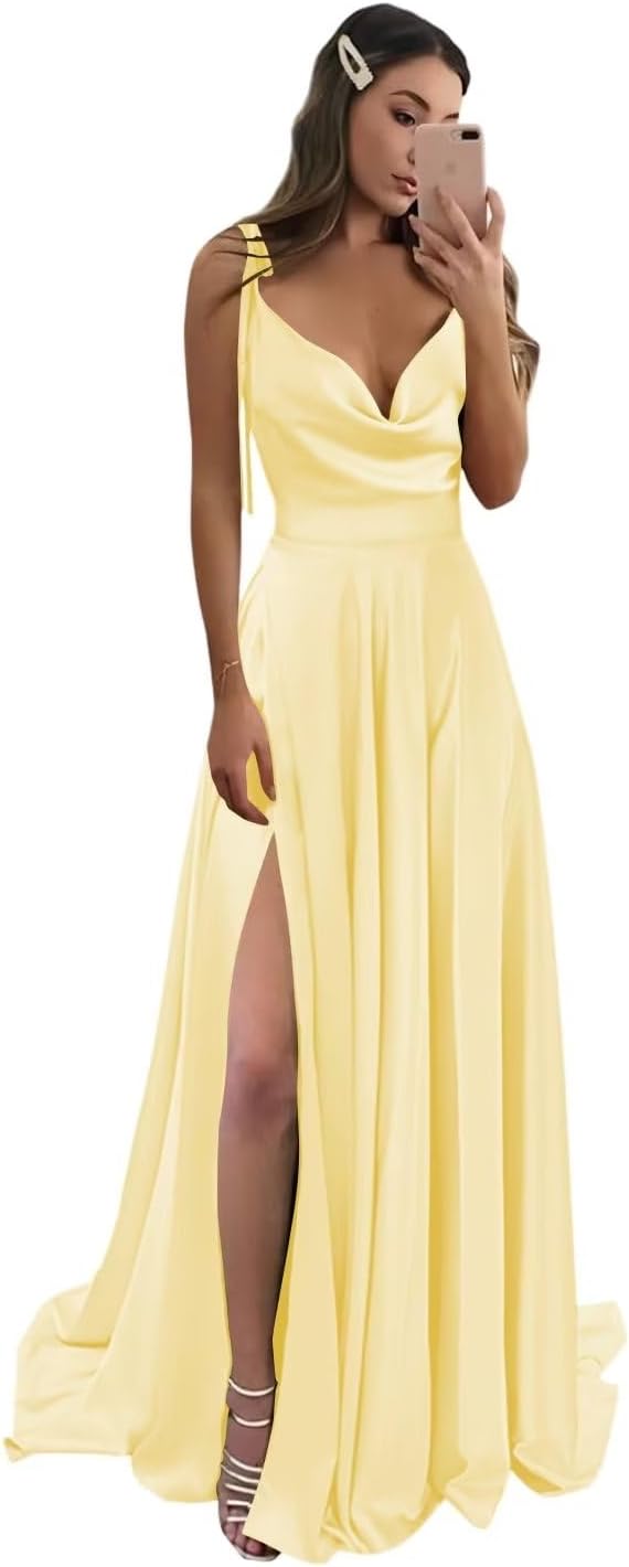 Vestidos de fiesta largos de satén con abertura alta para mujer, 2024, tirantes finos ajustables, vestidos de fiesta formales con bolsillos 