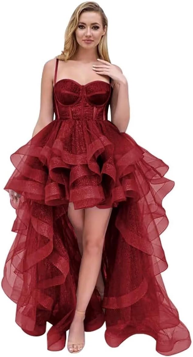Spaghetti Cocktail Party Dress for Women High-Low Ruffled Summer Dress Long Trailing Prom Ball Gown