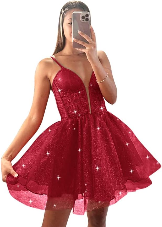 Glitter Tulle Homecoming Dresses for Teens Spaghetti V Neck Short Prom Dresses A Line Mini Cocktail Party Gowns