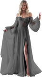 Women's Puffy Long Sleeve Prom Dresses with Slit Off Shoulder Tulle Wedding Formal Evening Gowns