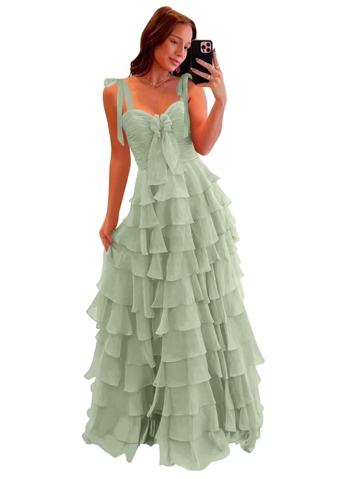 Tiered Prom Dresses with Bow Long A-Line Chiffon Formal Evening Dress for Women Spaghetti Straps Slit Ball Gown
