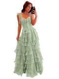 Tiered Prom Dresses with Bow Long A-Line Chiffon Formal Evening Dress for Women Spaghetti Straps Slit Ball Gown
