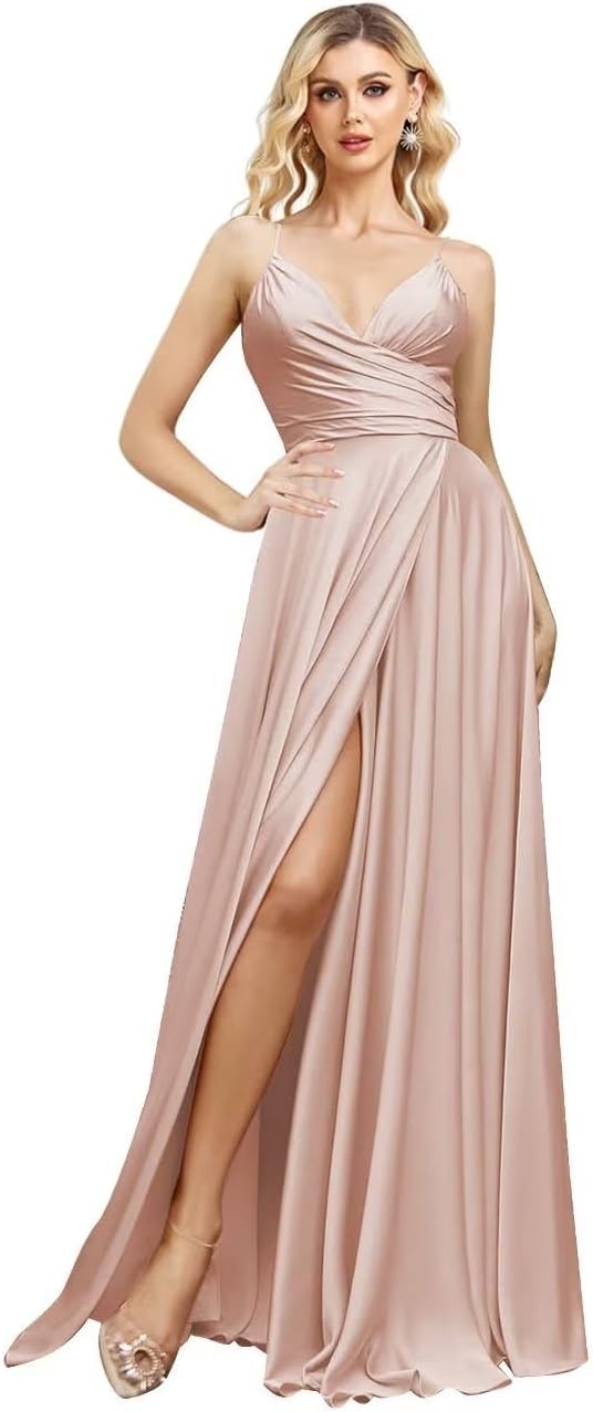 V Neck Satin Bridesmaid Dresses Spaghetti Straps Prom Dress Slit Wedding Formal Evening Party Dress