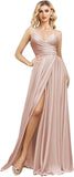 V Neck Satin Bridesmaid Dresses Spaghetti Straps Prom Dress Slit Wedding Formal Evening Party Dress
