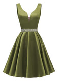 Satin Glitter Homecoming Dresses for Teens Short Prom Dress V-Neck Beaded Evening Formal Cocktail Party Gowns