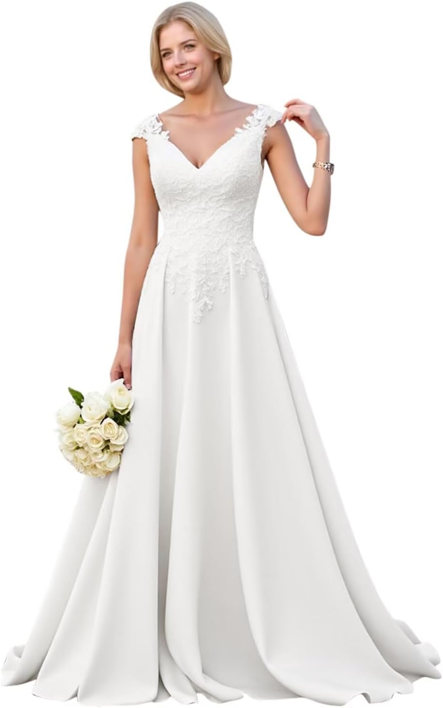 Kingbridal Gowns Lace Appliques Wedding Dresses for Bride Long V Neck Tulle Chiffon A-line Sleeveless Bridal Ball Gown for Women