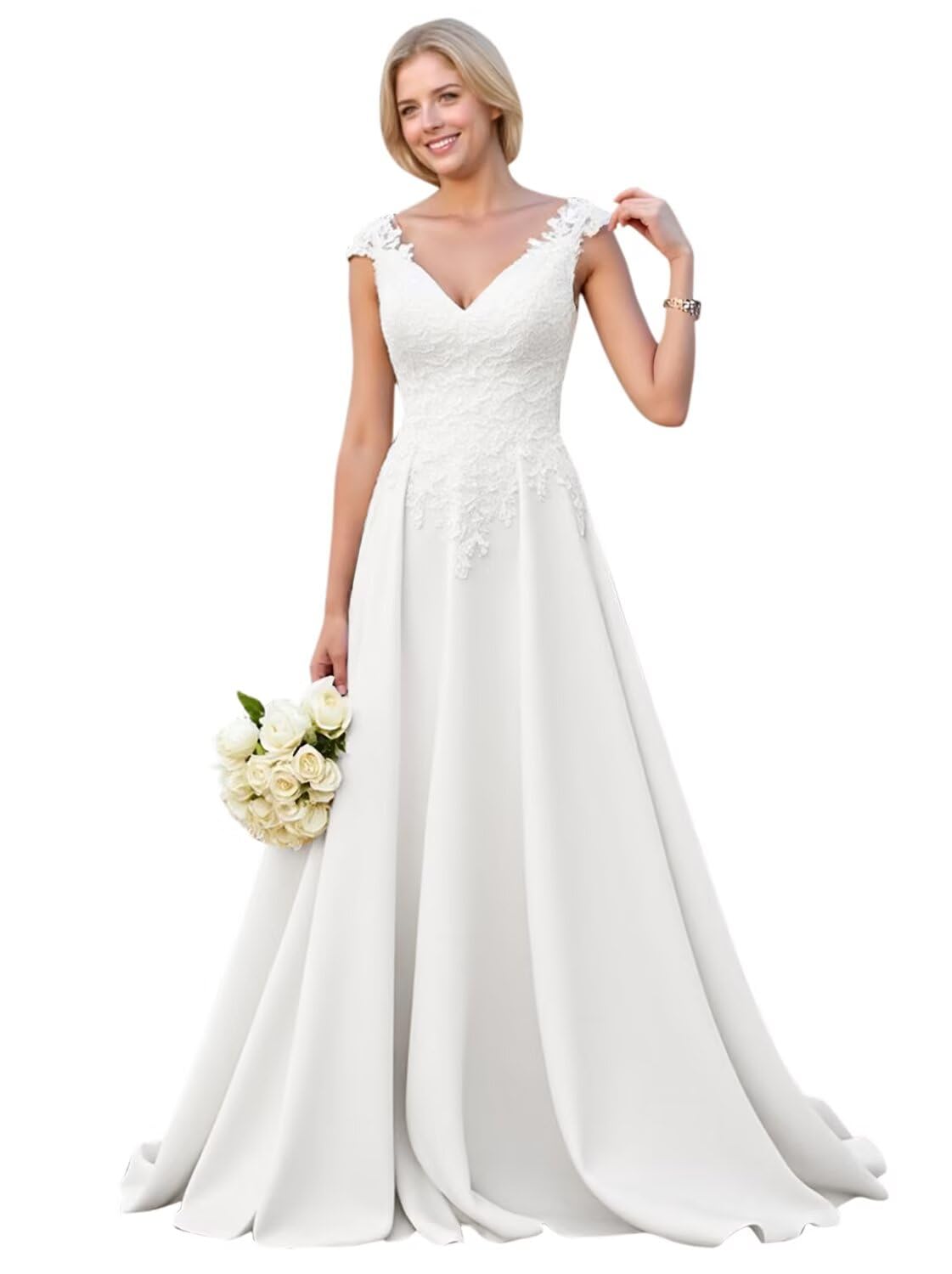 Kingbridal Gowns Lace Appliques Wedding Dresses for Bride Long V Neck Tulle Chiffon A-line Sleeveless Bridal Ball Gown for Women