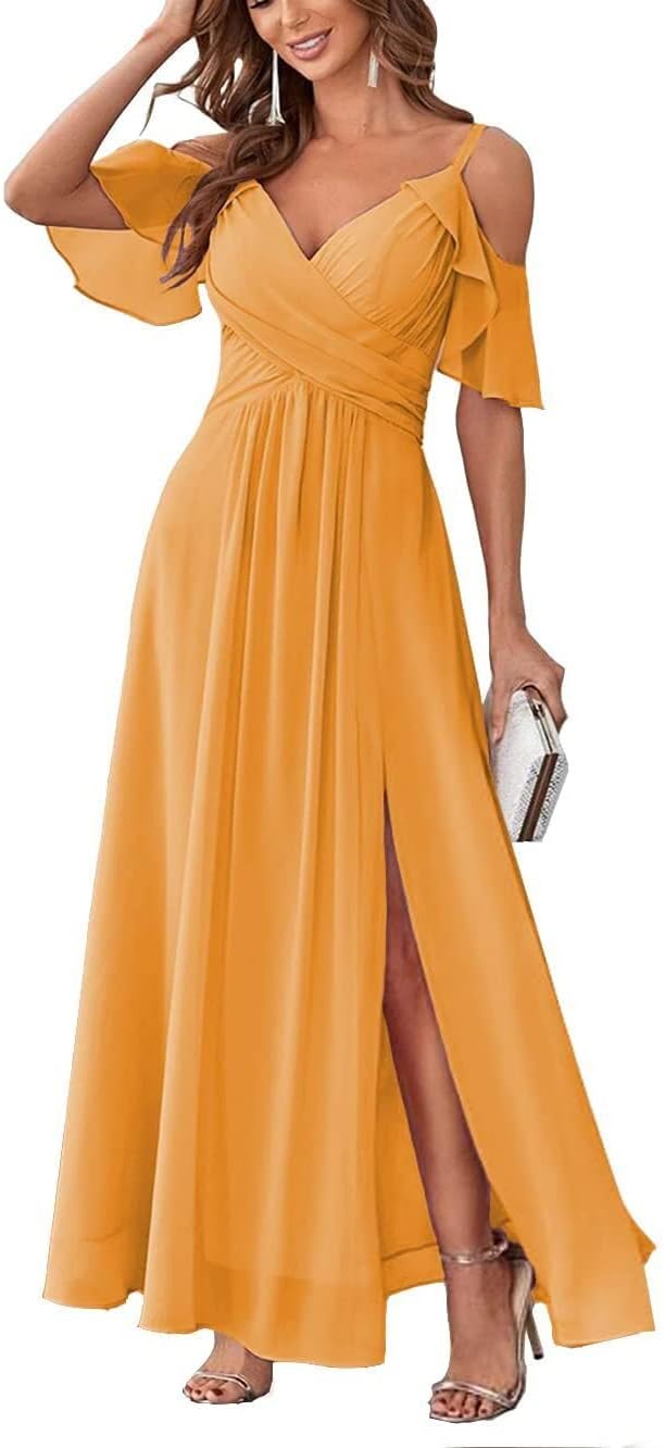 Women's Cold Shoulder Bridesmaid Dresses Long Summer Side Slit Chiffon Formal Evening Gown with Pockets
