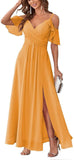 Women's Cold Shoulder Bridesmaid Dresses Long Summer Side Slit Chiffon Formal Evening Gown with Pockets