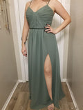 Vestidos de dama de honor largos con tirantes finos y bolsillos, plisados, formales, de noche, con abertura 