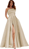 Women's One Shoulder Prom Dresses Long Satin Side Slit Formal Evening Gowns with Pockets