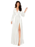 Kingbridal Gowns Long Sleeve Satin Bridesmaid Dresses for Women Long A-Line V-Neck Pleated Formal Evening Party Ball Gown with Slit