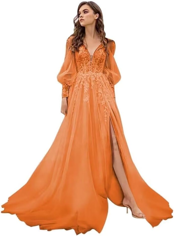 Long Sleeve Tulle Prom Evening Dresses Long Lace Applique A Line Ball Gown 2027