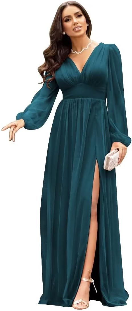 Langärmlige Brautjungfernkleider für Hochzeiten, V-Ausschnitt, formelles Kleid mit Schlitz, Chiffon-Ballkleid