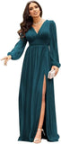 Langärmlige Brautjungfernkleider für Hochzeiten, V-Ausschnitt, formelles Kleid mit Schlitz, Chiffon-Ballkleid