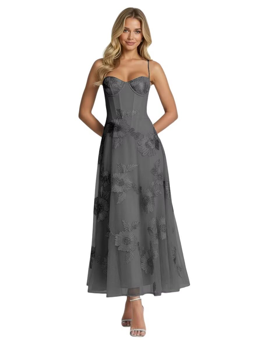 Jacquard Tulle Prom Dresses Spaghetti Straps Formal Evening Party Dress Tea Length