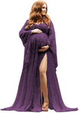 Women's Lace Maternity Dress for Photoshoot Long Puffy Sleeves V Neck Boho Pregnancy Gown for Baby Shower with Slit