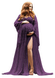 Women's Lace Maternity Dress for Photoshoot Long Puffy Sleeves V Neck Boho Pregnancy Gown for Baby Shower with Slit