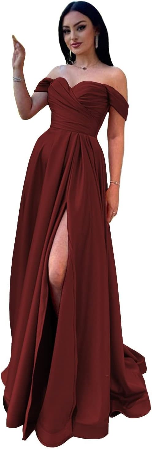 Schulterfreies Satin-Ballkleid, herzförmiger Ausschnitt, formelles Kleid, A-Linie, Abendkleid mit Schlitz 