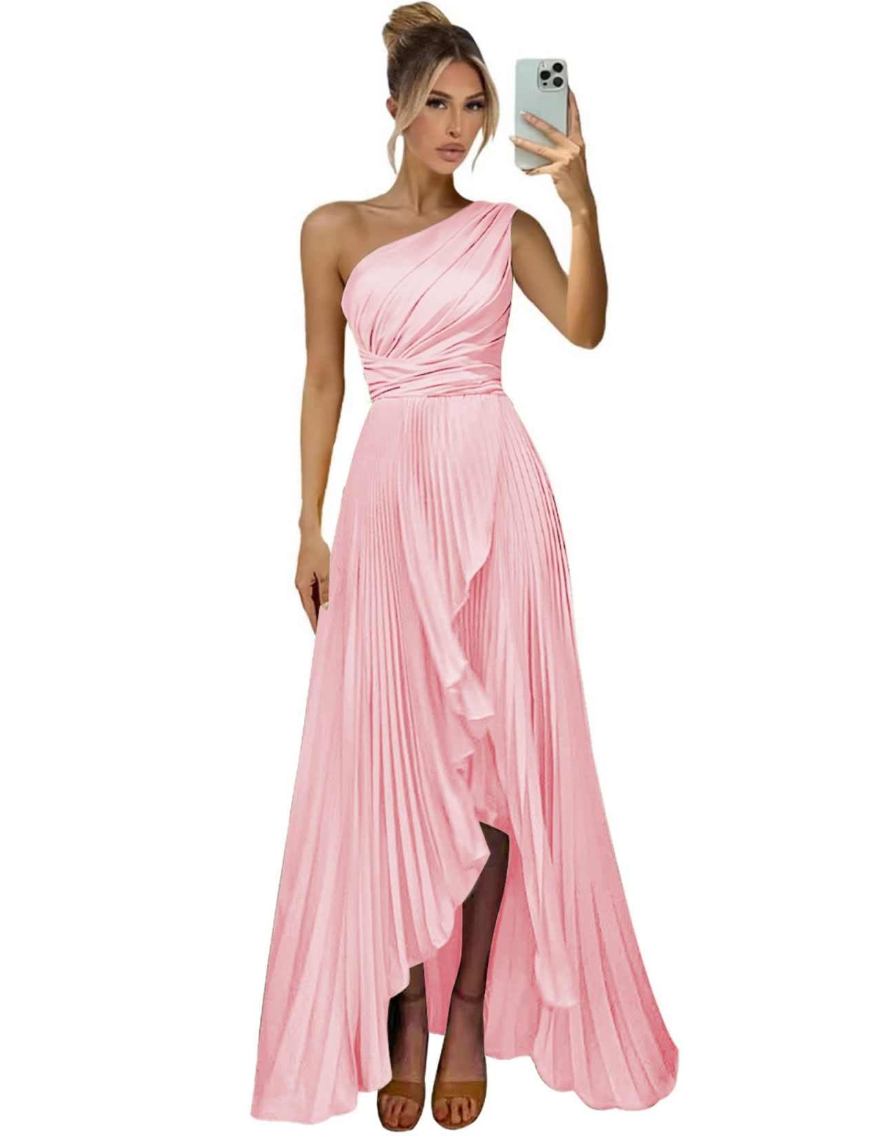 One Shoulder Bridesmaid Dresses for Women Satin Pleated Long A Line Formal Prom Evening Party Dress with Slit